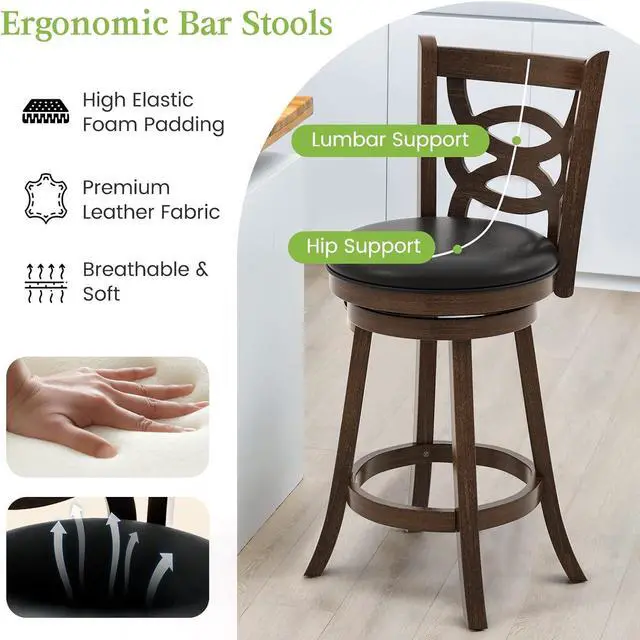 Alt view image 5 of 7 - ERGOMASTER 29 Inch Bar-Stools Set of 2 Swivel Brown Counter Height Barstool Seat Bar Chair