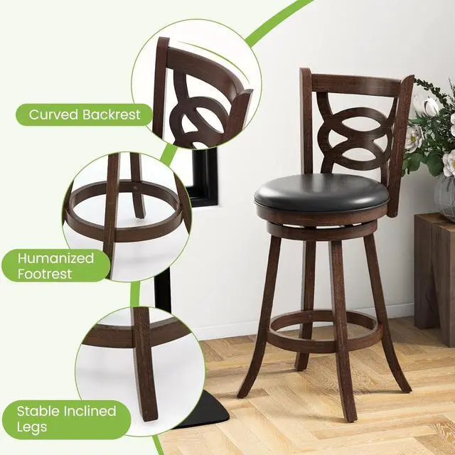 Alt view image 7 of 7 - ERGOMASTER 29 Inch Bar-Stools Set of 2 Swivel Brown Counter Height Barstool Seat Bar Chair