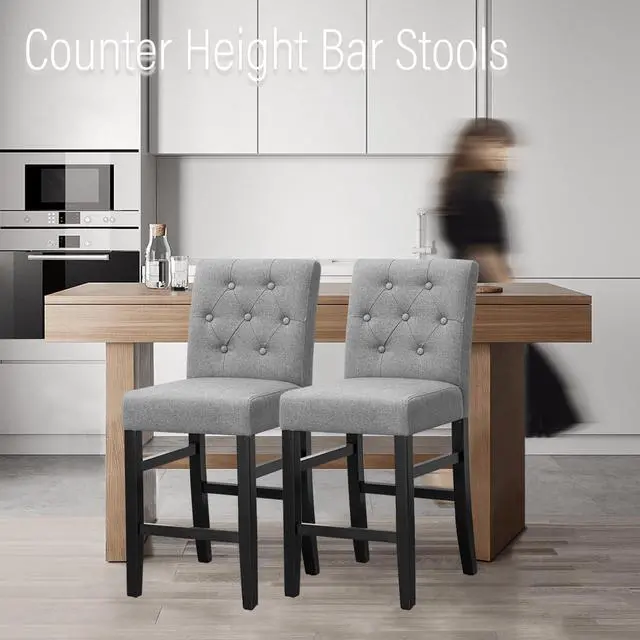 Alt view image 4 of 7 - 24" Counter Height Bar Stools set of 2&4 with Back Fabric Modern Bar Chairs Barstools with Seat Height Upholstered Button Tufted Wooden Island Stools for Kitchen Counter Home Bar (Set of 2, Gray)