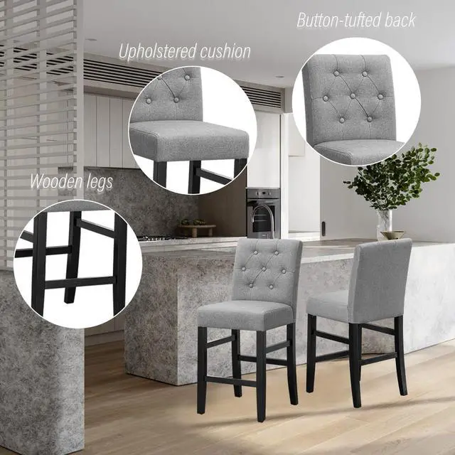 Alt view image 5 of 7 - 24" Counter Height Bar Stools set of 2&4 with Back Fabric Modern Bar Chairs Barstools with Seat Height Upholstered Button Tufted Wooden Island Stools for Kitchen Counter Home Bar (Set of 2, Gray)