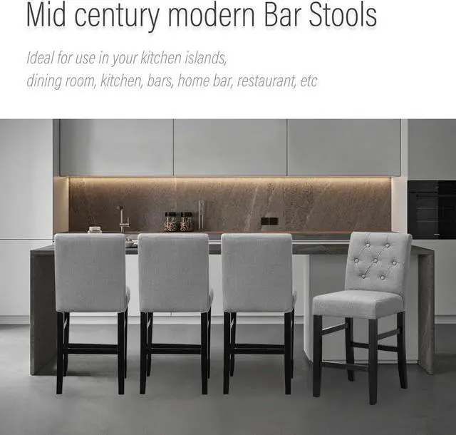 Alt view image 6 of 7 - 24" Counter Height Bar Stools set of 2&4 with Back Fabric Modern Bar Chairs Barstools with Seat Height Upholstered Button Tufted Wooden Island Stools for Kitchen Counter Home Bar (Set of 2, Gray)