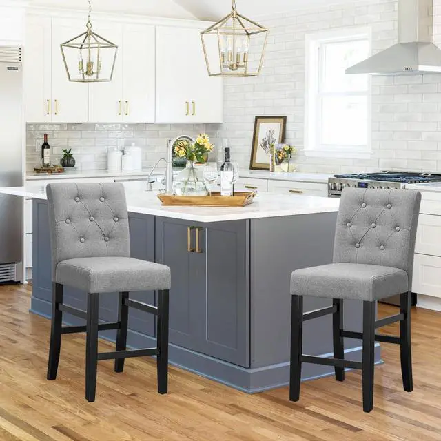 Alt view image 7 of 7 - 24" Counter Height Bar Stools set of 2&4 with Back Fabric Modern Bar Chairs Barstools with Seat Height Upholstered Button Tufted Wooden Island Stools for Kitchen Counter Home Bar (Set of 2, Gray)