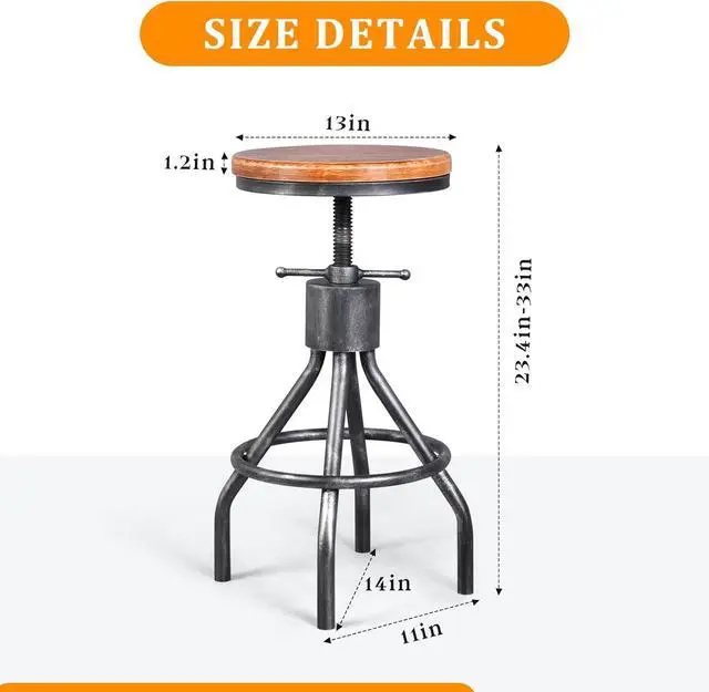 Alt view image 3 of 7 - Set of 2 Industrial Bar Stool-Vintage Counter Dining Chair-Swivel Stools-Tall Height Adjustable 22-33"