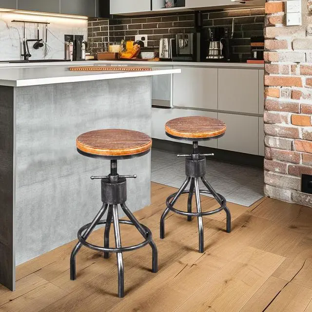 Alt view image 2 of 7 - Set of 2 Industrial Bar Stool-Vintage Counter Dining Chair-Swivel Stools-Tall Height Adjustable 22-33"