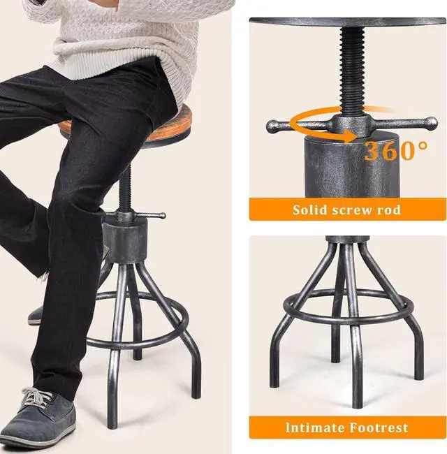 Alt view image 6 of 7 - Set of 2 Industrial Bar Stool-Vintage Counter Dining Chair-Swivel Stools-Tall Height Adjustable 22-33"
