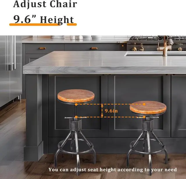 Alt view image 7 of 7 - Set of 2 Industrial Bar Stool-Vintage Counter Dining Chair-Swivel Stools-Tall Height Adjustable 22-33"