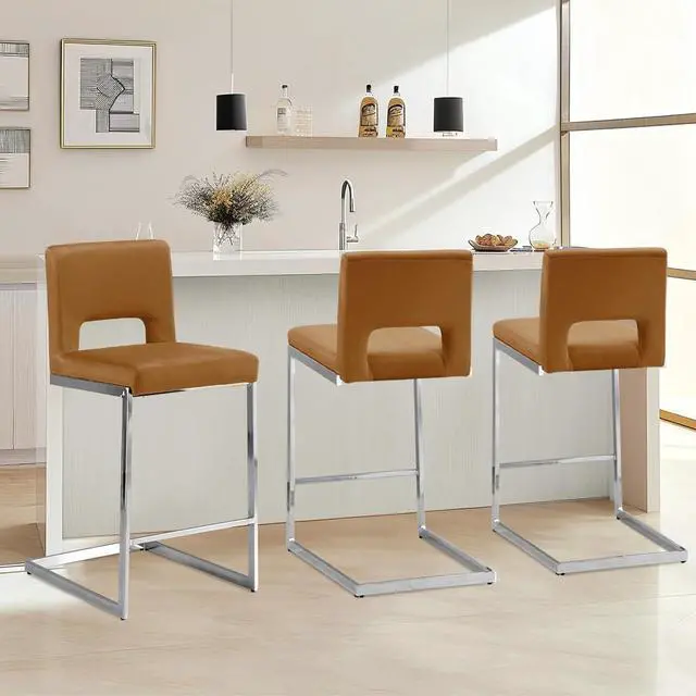 Main image of Counter Height Bar Stools Set of 3, Modern Counter Stools PU Leather Barstools with Hollow Back, 26" H Upholstered Armless Kitchen Island Stools Brown Bar Chairs with Chrome Metal Frame