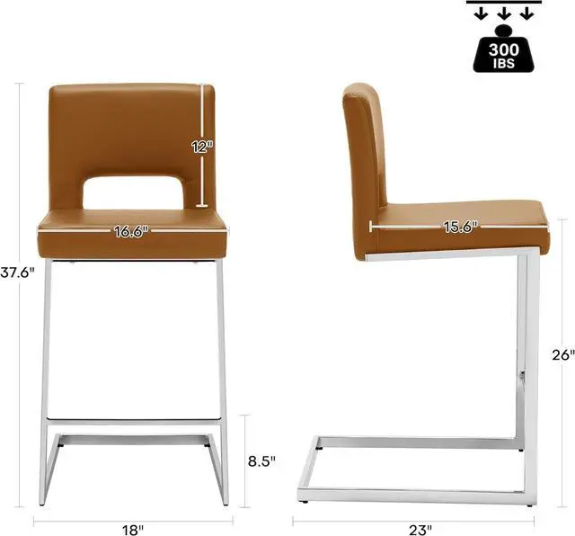 Alt view image 2 of 7 - Counter Height Bar Stools Set of 3, Modern Counter Stools PU Leather Barstools with Hollow Back, 26" H Upholstered Armless Kitchen Island Stools Brown Bar Chairs with Chrome Metal Frame