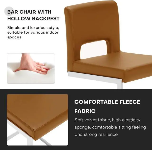 Alt view image 3 of 7 - Counter Height Bar Stools Set of 3, Modern Counter Stools PU Leather Barstools with Hollow Back, 26" H Upholstered Armless Kitchen Island Stools Brown Bar Chairs with Chrome Metal Frame