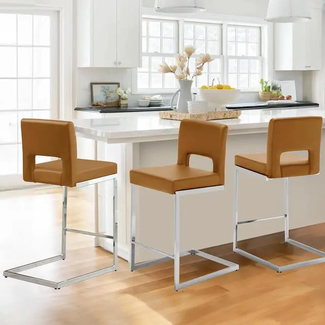 Alt view image 5 of 7 - Counter Height Bar Stools Set of 3, Modern Counter Stools PU Leather Barstools with Hollow Back, 26" H Upholstered Armless Kitchen Island Stools Brown Bar Chairs with Chrome Metal Frame
