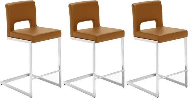 Alt view image 6 of 7 - Counter Height Bar Stools Set of 3, Modern Counter Stools PU Leather Barstools with Hollow Back, 26" H Upholstered Armless Kitchen Island Stools Brown Bar Chairs with Chrome Metal Frame