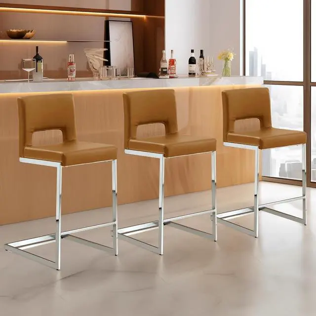 Alt view image 7 of 7 - Counter Height Bar Stools Set of 3, Modern Counter Stools PU Leather Barstools with Hollow Back, 26" H Upholstered Armless Kitchen Island Stools Brown Bar Chairs with Chrome Metal Frame