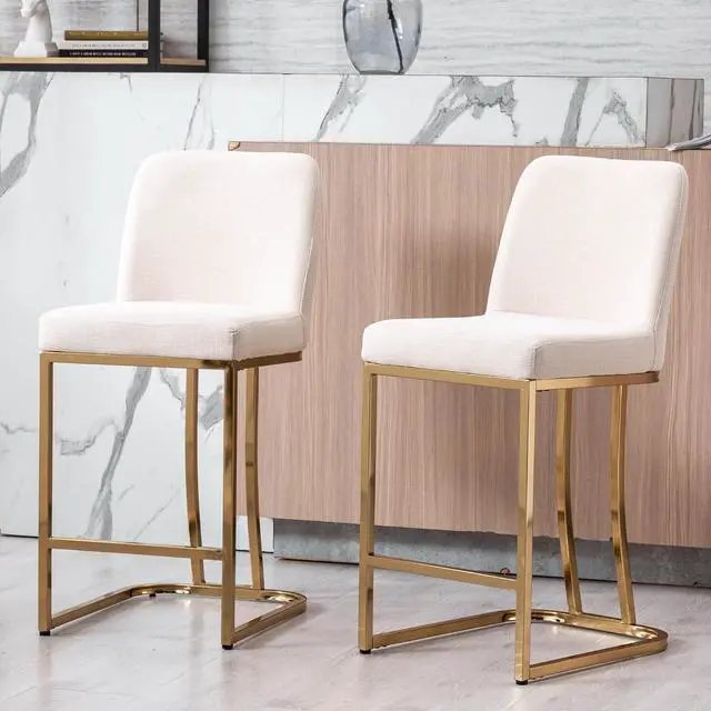 Alt view image 2 of 6 - Modern Gold Counter Height Bar Stools Set of 2 Linen Counter Stools with Gold Legs, 24" Barstools Island Chairs Upholstered Kitchen Bar Chairs with Back for Pub Kitchen Island, Cream