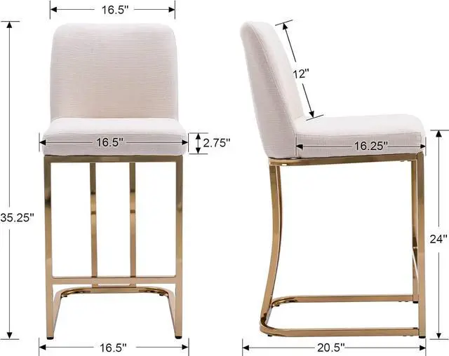 Alt view image 3 of 6 - Modern Gold Counter Height Bar Stools Set of 2 Linen Counter Stools with Gold Legs, 24" Barstools Island Chairs Upholstered Kitchen Bar Chairs with Back for Pub Kitchen Island, Cream