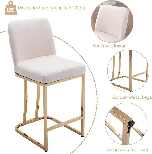 Alt view image 4 of 6 - Modern Gold Counter Height Bar Stools Set of 2 Linen Counter Stools with Gold Legs, 24" Barstools Island Chairs Upholstered Kitchen Bar Chairs with Back for Pub Kitchen Island, Cream
