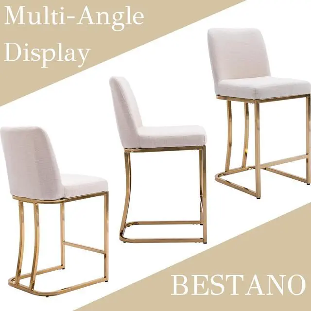 Alt view image 6 of 6 - Modern Gold Counter Height Bar Stools Set of 2 Linen Counter Stools with Gold Legs, 24" Barstools Island Chairs Upholstered Kitchen Bar Chairs with Back for Pub Kitchen Island, Cream