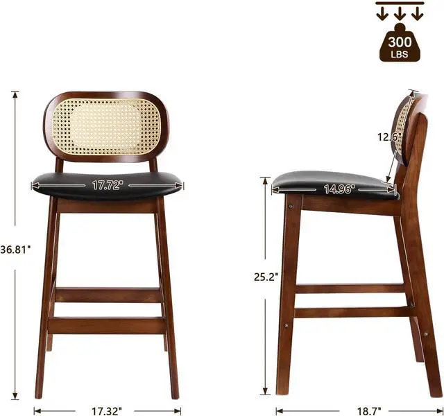 Alt view image 2 of 7 - Black Wooden Bar Stools with Hand-woven Rattan Backrest and Padded Leather Seat, Set of 2, Ideal for Dining Room, Living Room, Kitchen, Patio