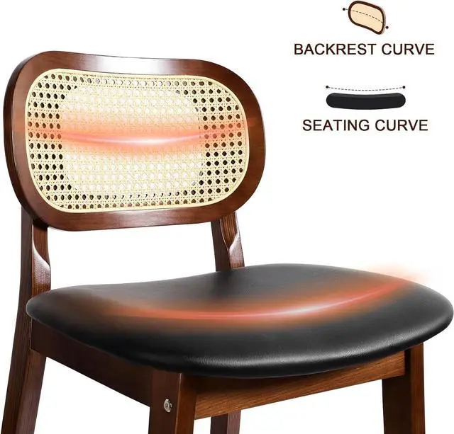 Alt view image 4 of 7 - Black Wooden Bar Stools with Hand-woven Rattan Backrest and Padded Leather Seat, Set of 2, Ideal for Dining Room, Living Room, Kitchen, Patio
