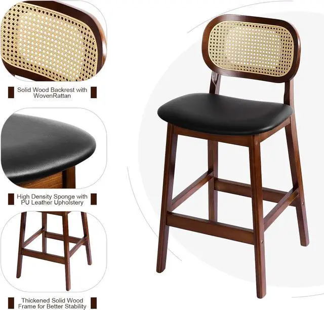 Alt view image 3 of 7 - Black Wooden Bar Stools with Hand-woven Rattan Backrest and Padded Leather Seat, Set of 2, Ideal for Dining Room, Living Room, Kitchen, Patio
