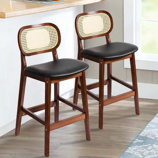 Main image of Black Wooden Bar Stools with Hand-woven Rattan Backrest and Padded Leather Seat, Set of 2, Ideal for Dining Room, Living Room, Kitchen, Patio
