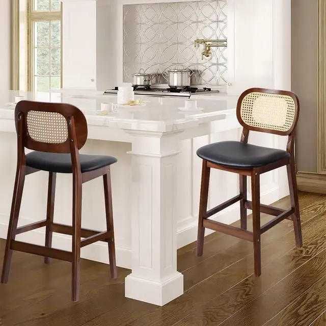 Alt view image 6 of 7 - Black Wooden Bar Stools with Hand-woven Rattan Backrest and Padded Leather Seat, Set of 2, Ideal for Dining Room, Living Room, Kitchen, Patio