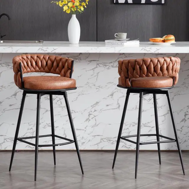 Main image of BFZ 26inch Bar Stools Set of 2, Counter Height Bar Stools, 180° Swivel Suede Fabric Stool Chairs with Woven Back and Footrest for Kitchen Island, Cafe, Pub, Bar Counter