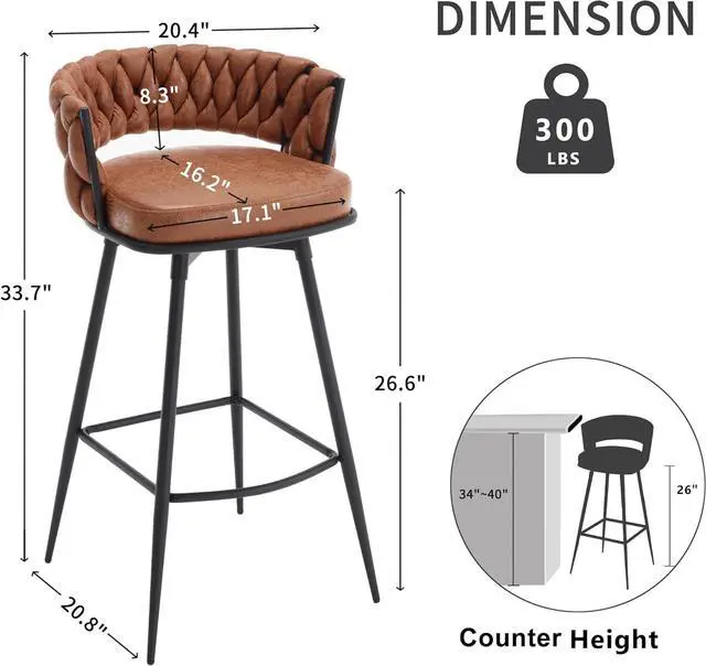 Alt view image 2 of 7 - BFZ 26inch Bar Stools Set of 2, Counter Height Bar Stools, 180° Swivel Suede Fabric Stool Chairs with Woven Back and Footrest for Kitchen Island, Cafe, Pub, Bar Counter