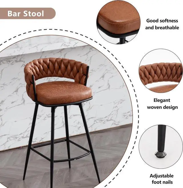 Alt view image 3 of 7 - BFZ 26inch Bar Stools Set of 2, Counter Height Bar Stools, 180° Swivel Suede Fabric Stool Chairs with Woven Back and Footrest for Kitchen Island, Cafe, Pub, Bar Counter