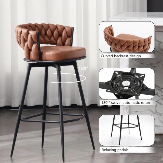Alt view image 4 of 7 - BFZ 26inch Bar Stools Set of 2, Counter Height Bar Stools, 180° Swivel Suede Fabric Stool Chairs with Woven Back and Footrest for Kitchen Island, Cafe, Pub, Bar Counter