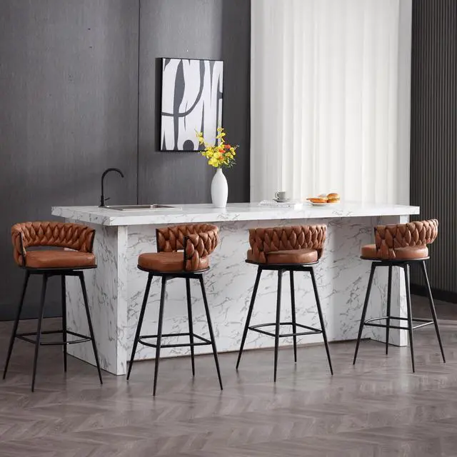 Alt view image 6 of 7 - BFZ 26inch Bar Stools Set of 2, Counter Height Bar Stools, 180° Swivel Suede Fabric Stool Chairs with Woven Back and Footrest for Kitchen Island, Cafe, Pub, Bar Counter