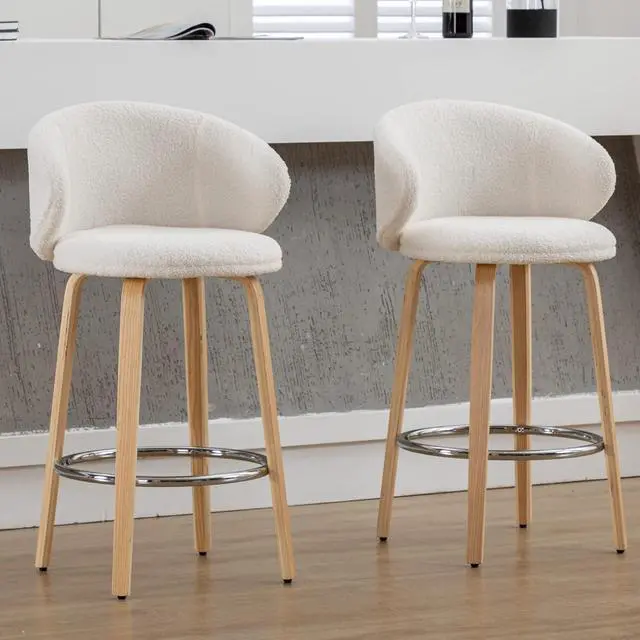 Main image of Modern Bar Stools Set of 2, 26 Inch Counter Height Sherpa Barstools with Wooden Legs, Bar Chairs with Barrel Backrest for Kitchen Island Dining Room, White
