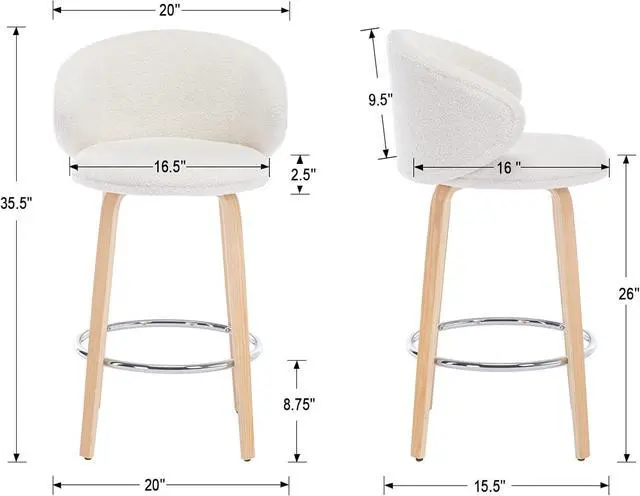 Alt view image 2 of 7 - Modern Bar Stools Set of 2, 26 Inch Counter Height Sherpa Barstools with Wooden Legs, Bar Chairs with Barrel Backrest for Kitchen Island Dining Room, White
