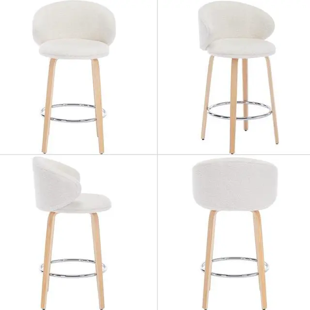 Alt view image 3 of 7 - Modern Bar Stools Set of 2, 26 Inch Counter Height Sherpa Barstools with Wooden Legs, Bar Chairs with Barrel Backrest for Kitchen Island Dining Room, White