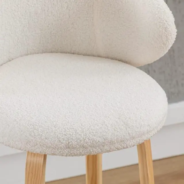 Alt view image 5 of 7 - Modern Bar Stools Set of 2, 26 Inch Counter Height Sherpa Barstools with Wooden Legs, Bar Chairs with Barrel Backrest for Kitchen Island Dining Room, White