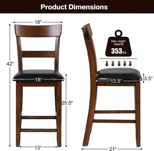 Alt view image 3 of 7 - NAFORT Counter Height Bar Stools Set of 2, Farmhouse 25.5 Solid Wood High Dining Chairs with Cushion, Counter Stools with Back for Kitchen Restaurant Bar, Rubberwood Legs & Black PU Leather Cushion