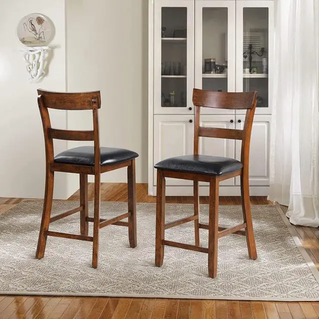 Alt view image 2 of 7 - NAFORT Counter Height Bar Stools Set of 2, Farmhouse 25.5 Solid Wood High Dining Chairs with Cushion, Counter Stools with Back for Kitchen Restaurant Bar, Rubberwood Legs & Black PU Leather Cushion