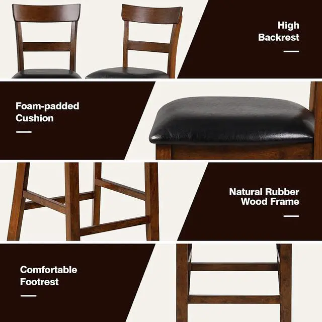 Alt view image 4 of 7 - NAFORT Counter Height Bar Stools Set of 2, Farmhouse 25.5 Solid Wood High Dining Chairs with Cushion, Counter Stools with Back for Kitchen Restaurant Bar, Rubberwood Legs & Black PU Leather Cushion