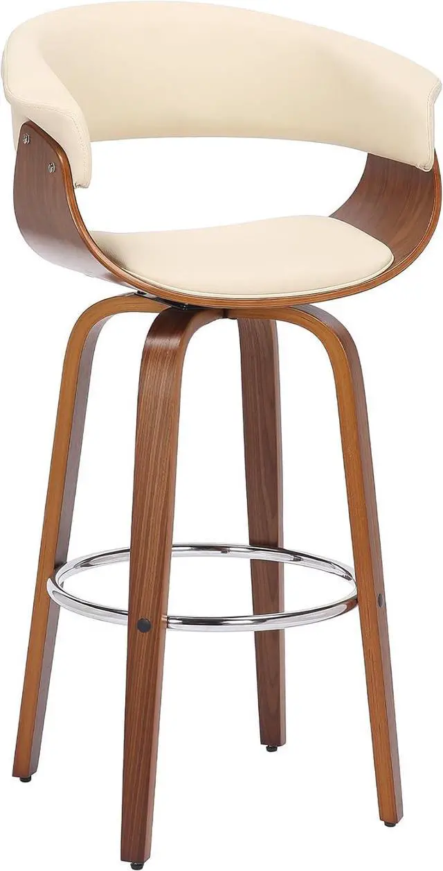 Main image of Armen Living Julyssa Mid Century Modern Swivel Bar Stool for Kitchen Island Counter in Cream Faux Leather and Walnut Wood, 26" Seat Height