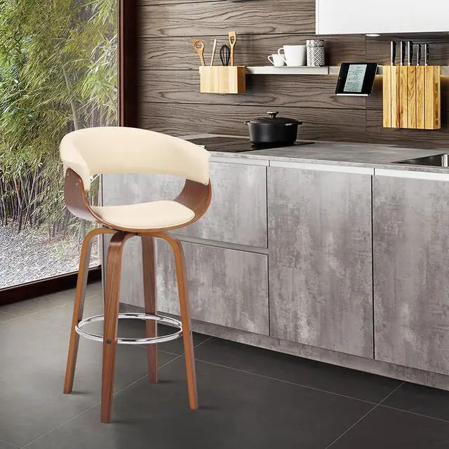 Alt view image 2 of 7 - Armen Living Julyssa Mid Century Modern Swivel Bar Stool for Kitchen Island Counter in Cream Faux Leather and Walnut Wood, 26" Seat Height