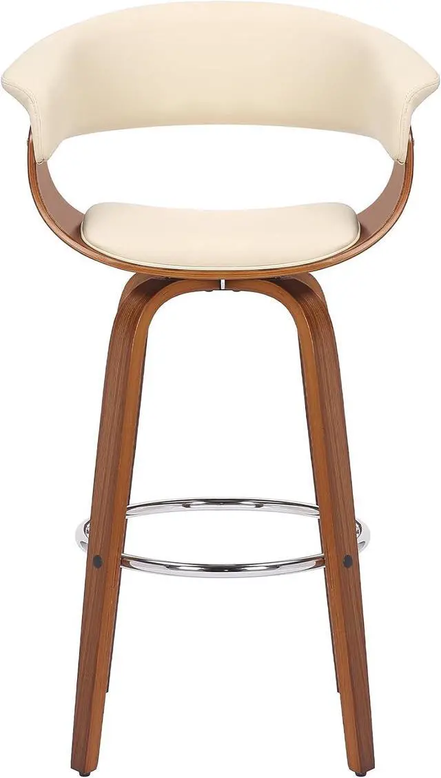 Alt view image 4 of 7 - Armen Living Julyssa Mid Century Modern Swivel Bar Stool for Kitchen Island Counter in Cream Faux Leather and Walnut Wood, 26" Seat Height