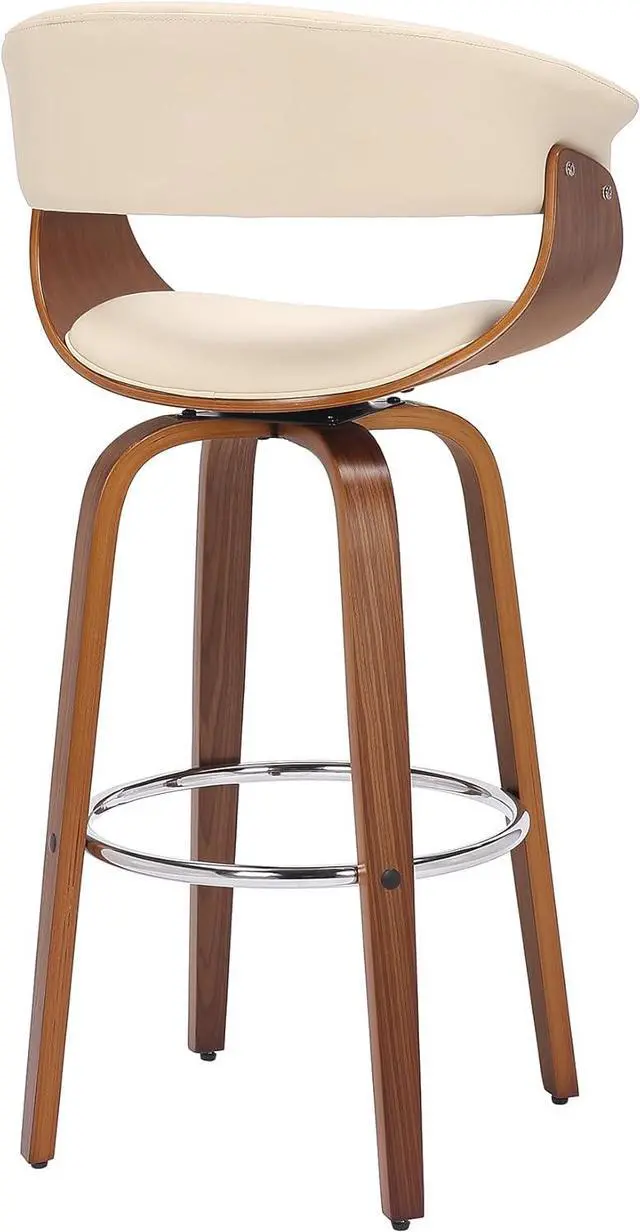 Alt view image 6 of 7 - Armen Living Julyssa Mid Century Modern Swivel Bar Stool for Kitchen Island Counter in Cream Faux Leather and Walnut Wood, 26" Seat Height