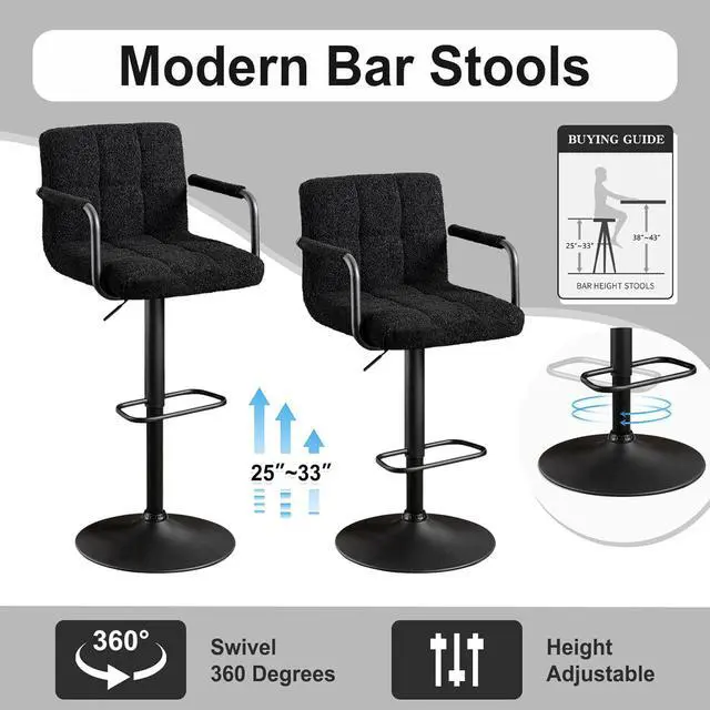 Alt view image 5 of 7 - Furnimart 30" Artificial Sherpa Upholstered Bar Stool, Adjustable Counter Stools Bar Chairs Modern Design Swivel Barstools Hydraulic Stools for Kitchen and Dining Room Set of 2 (FauxFur-Black)