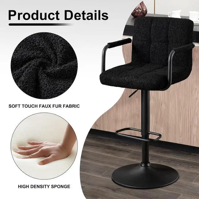 Alt view image 7 of 7 - Furnimart 30" Artificial Sherpa Upholstered Bar Stool, Adjustable Counter Stools Bar Chairs Modern Design Swivel Barstools Hydraulic Stools for Kitchen and Dining Room Set of 2 (FauxFur-Black)