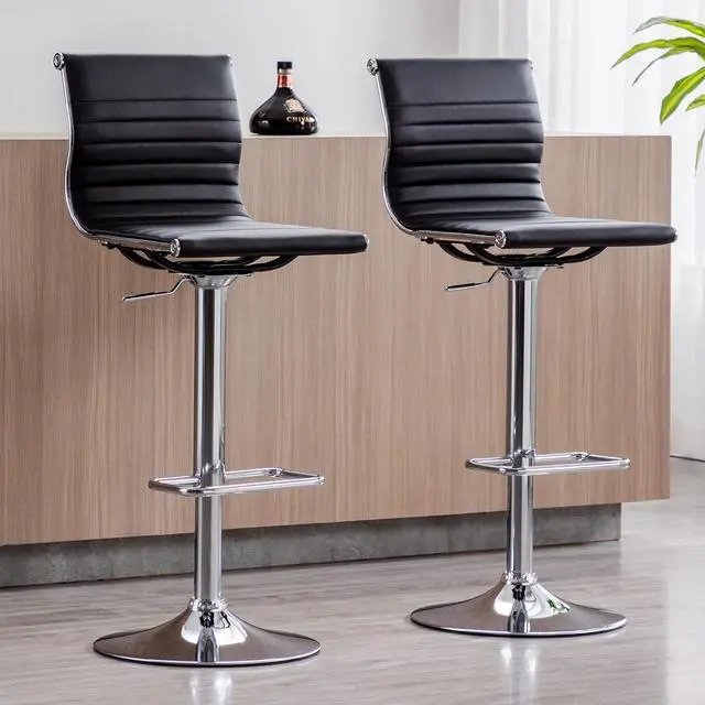 Main image of Metal Bar Stools Chairs Set of 2 Height Adjustable Barstools Modern Black PU Leather Armless Counter Stool with Chrome Base for Kitchen Island/Bar/Dining Room - Black, 2PCS