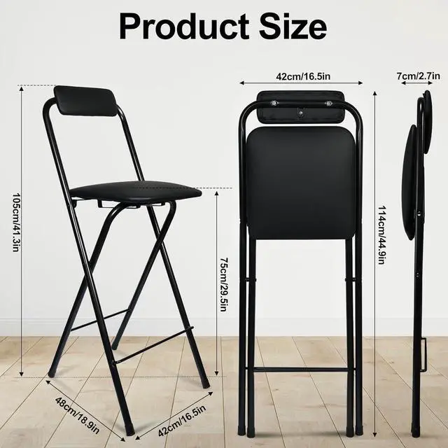Alt view image 3 of 6 - Folding Stool with Backrest, Tall Foldable Bar Stool Chair, Portable Counter Folding Stool Height Bar Stools Leather Padded for Camping Kitchen Shop Guitar (2, 29.5 inch)