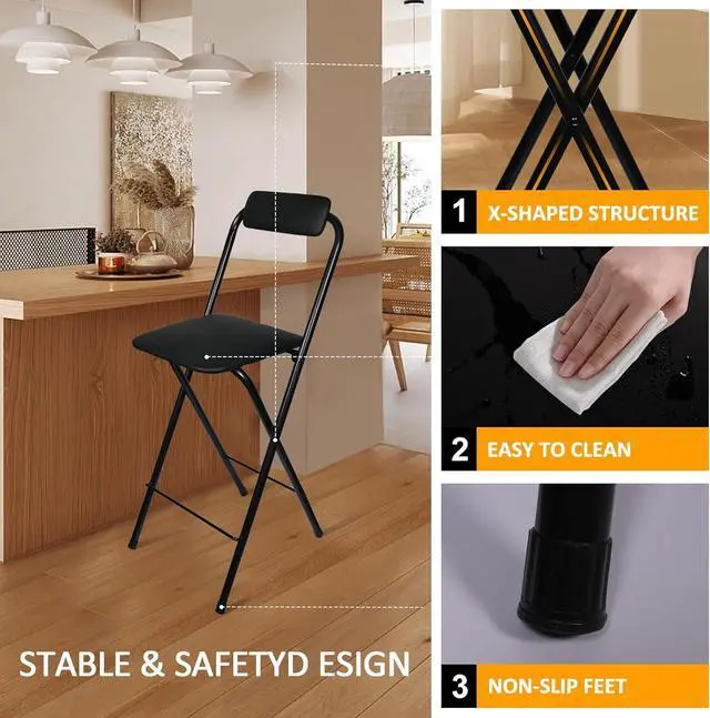 Alt view image 4 of 6 - Folding Stool with Backrest, Tall Foldable Bar Stool Chair, Portable Counter Folding Stool Height Bar Stools Leather Padded for Camping Kitchen Shop Guitar (2, 29.5 inch)