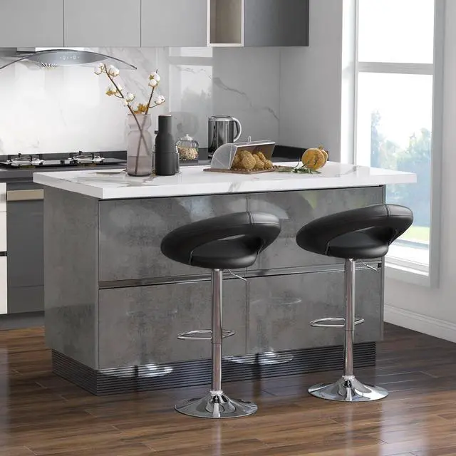 Alt view image 2 of 7 - COSTWAY Height Adjustable Bar Stools Set of 2, Swivel Counter Stools w/Hollow Back & Footrest, Heavy-Duty Metal Frame Upholstered Pub Stools, Swivel Breakfast Chairs for Bar, Kitchen, Black