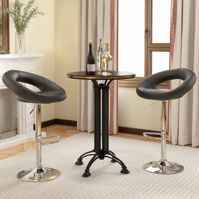 Alt view image 4 of 7 - COSTWAY Height Adjustable Bar Stools Set of 2, Swivel Counter Stools w/Hollow Back & Footrest, Heavy-Duty Metal Frame Upholstered Pub Stools, Swivel Breakfast Chairs for Bar, Kitchen, Black