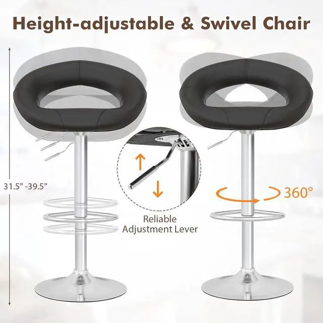 Alt view image 6 of 7 - COSTWAY Height Adjustable Bar Stools Set of 2, Swivel Counter Stools w/Hollow Back & Footrest, Heavy-Duty Metal Frame Upholstered Pub Stools, Swivel Breakfast Chairs for Bar, Kitchen, Black