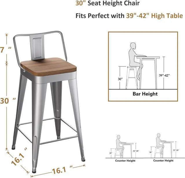 Alt view image 2 of 6 - WENTMENT Bar Stools Set of 4 Counter Height Bar Stools Metal Barstools with Removable Back 30" Kitchen Bar Stools with Wooden Seat, Silver